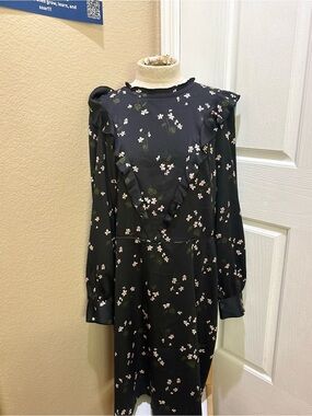 Dark Floral Ruffle Midi Dress Mock Neck Victorian Cottagecore Long Sleeve
